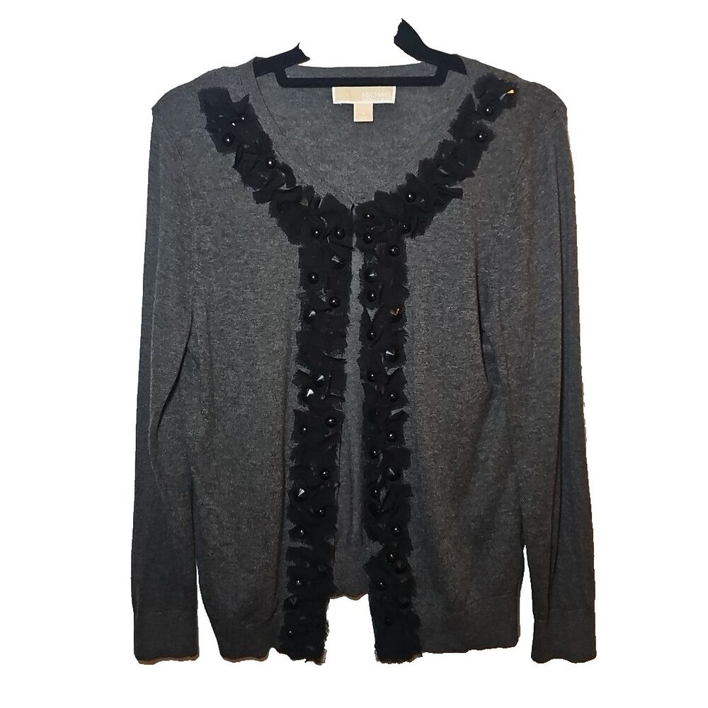 Michael Kors Women's Grey Black Ruffles Cardigan Small Girly, Feminine Career